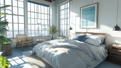 Bright modern bedroom with large windows, natural light, blue bedding, and wooden furniture