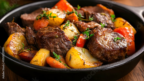 Beef Stew with Potatoes, Carrots and Thyme in a Cast Iron Skillet, rosemary, herb, herbs, cooking, food