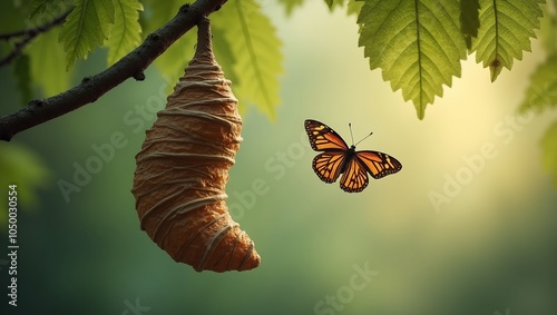 Symbol of rebirth empty cocoon  butterfly on branch photo