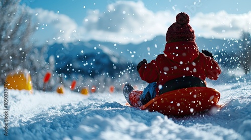 Child in red snow outfit sledding down a snowy hill in winter scenery. photo