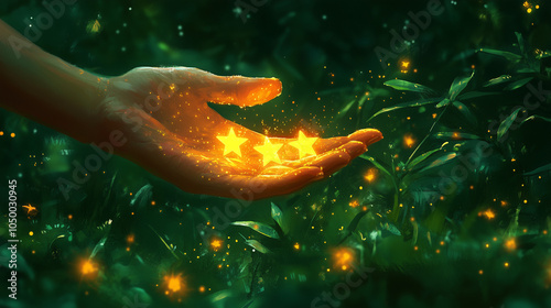 Three star, star in hand, holiday, award, rating, restaurant, review, reference, referral program, rating, table, like, asterisk, star on background, holiday star, yellow star, magic, christm