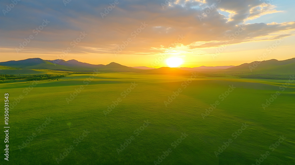 Naklejka premium Sunset Over Rolling Green Hills, sunrise, golden hour, horizon, sky, clouds