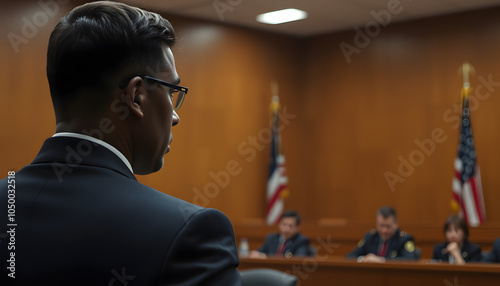 Rack focus from prosecutor to black man in court room trial isolated with white highlights, png photo