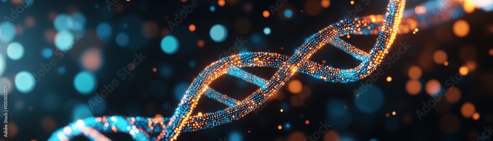A beautiful representation of a DNA strand with glowing lights on a dark background, symbolizing life and genetic science. A beautiful representation of a DNA strand with glowing lights on a dark background, symbolizing life and genetic science.