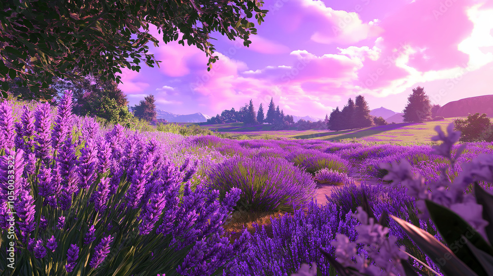 Obraz premium Endless lavender fields stretching into the horizon, with a soft pink sky adding a dreamy, romantic touch.