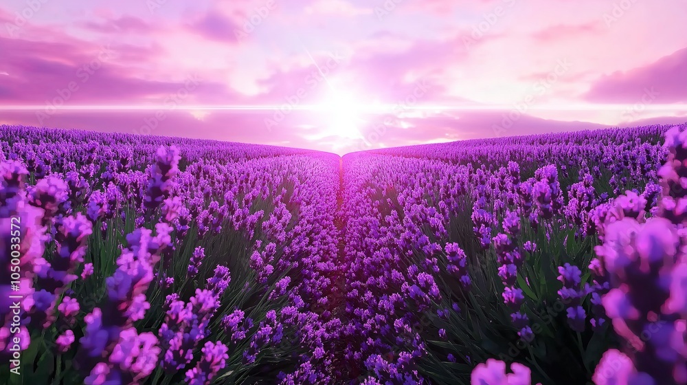 Obraz premium Endless lavender fields stretching into the horizon, with a soft pink sky adding a dreamy, romantic touch.