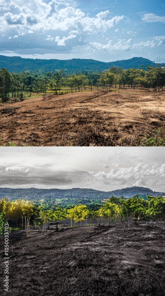 Fototapeta premium Reforestation Environmental Project Before and After Shot.