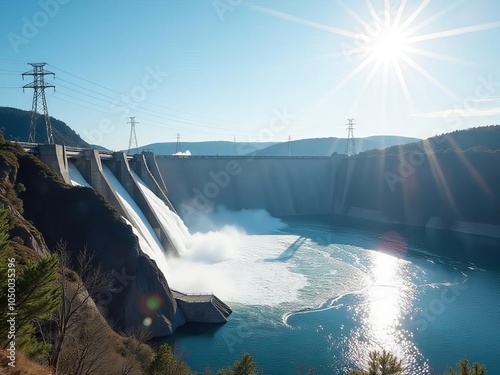 View of road modern giant dam on Parana river Itaipu Binacional hydroelectric power station photo