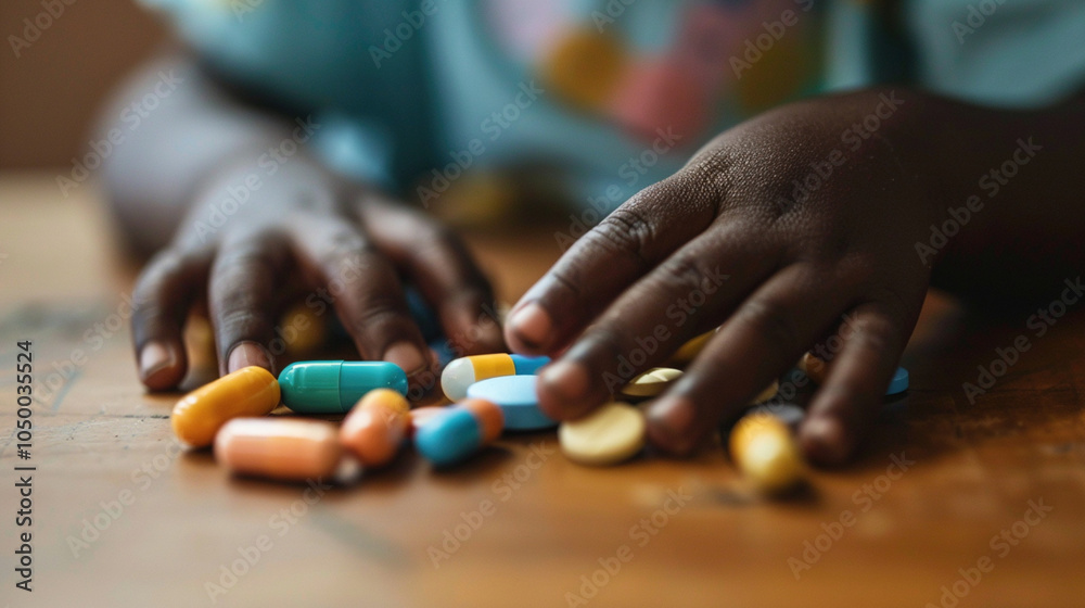 Danger of leaving tablets in places easily accessible to children. Medication pharmacy drug poisoning concept. African-American baby child's hand reaching for medical pills lying on the table Danger of leaving tablets in places easily accessible to children. Medication pharmacy drug poisoning concept. African-American baby child's hand reaching for medical pills lying on the table