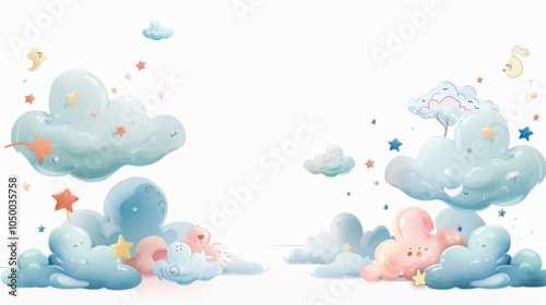 Cartoon sky graphic, cute style clouds, bright colors on a white background with space for text. Use as a design for your design or presentation.