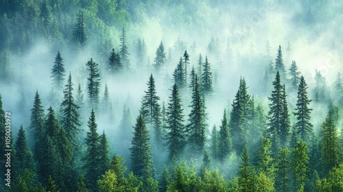 A mist-covered coniferous forest, the tall evergreens rising through the fog, their tops barely visible in the soft morning light