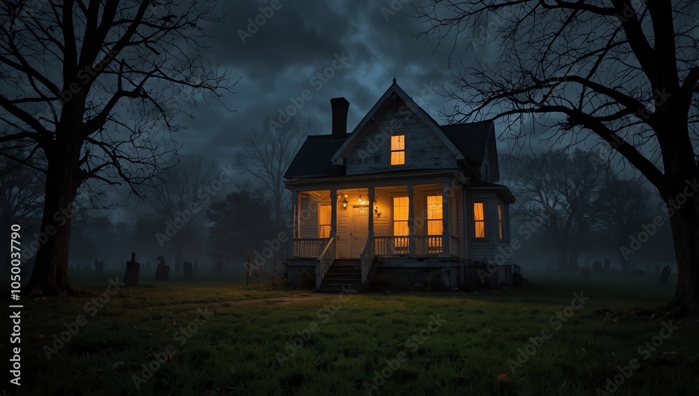 spooky halloween house , An old house with lit windows, in a dark, foggy, wooded area. Several trees are visible. spooky halloween house , An old house with lit windows, in a dark, foggy, wooded area. Several trees are visible.