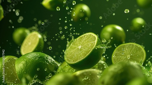 Fresh limes with water splash on green background