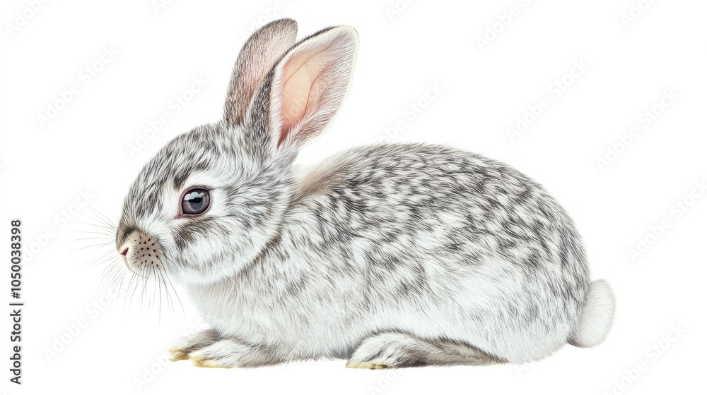 Obraz premium A delicate watercolor depiction of a rabbit sitting, with soft fur details in shades of gray and white, isolated on a clean white background for a gentle feel