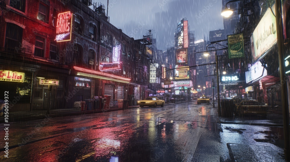 Obraz premium Rainy Night Cityscape with Neon Lights and Reflections