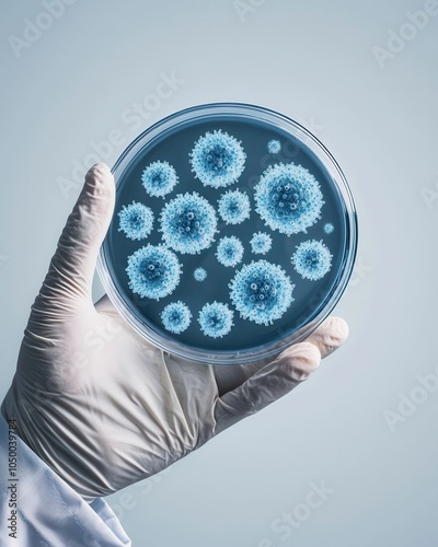 Petri dish with cultured bacteria held by a gloved hand on a neutral background