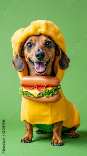 Playful Dachshund Dressed as a Taco with a Hot Dog photo