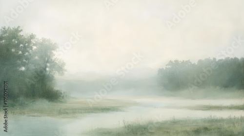 A misty morning landscape with faded tones of pale gray, soft green, and light beige, the scene softly blurred