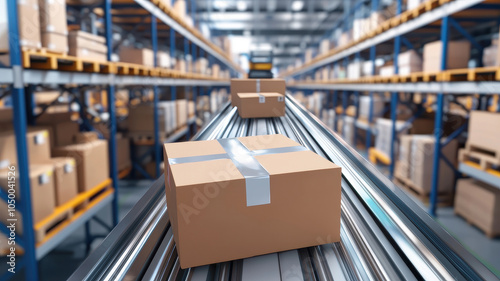 Packages moving on conveyor belt in modern warehouse with shelves in background