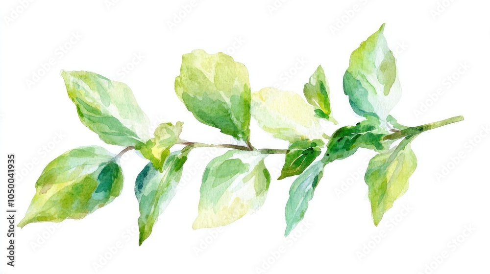 Obraz premium A fresh watercolor illustration of a sprig of mint leaves, painted in vibrant greens with fine vein details, isolated on a pure white background