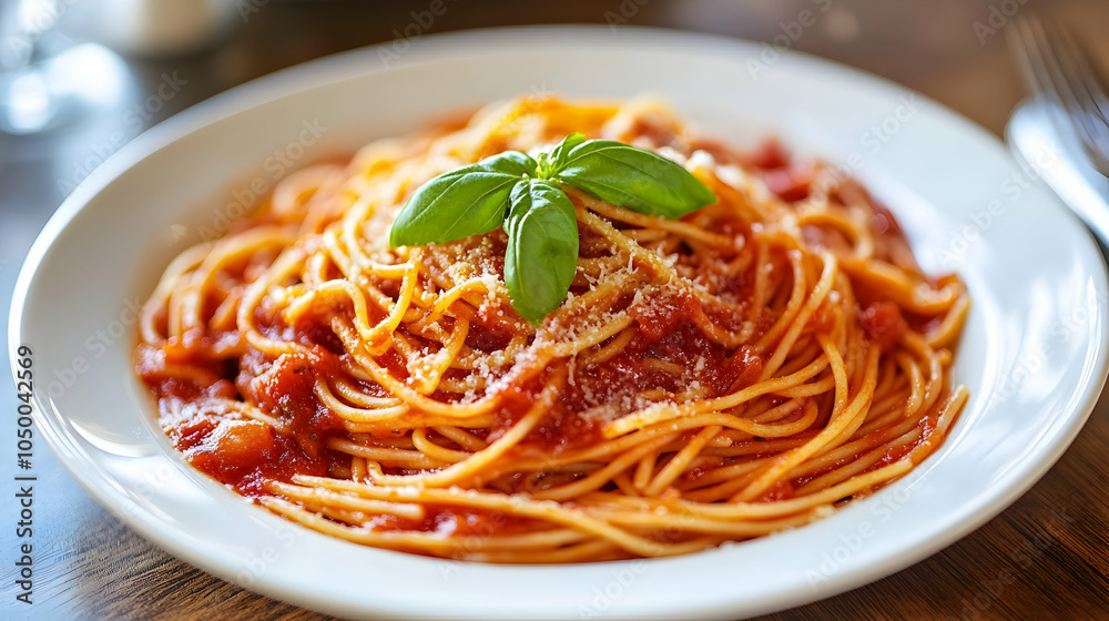 Spaghetti with Tomato Sauce and Basil, pasta, red sauce, parmesan cheese, italian food, italian cuisine