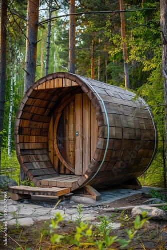 Wooden barrel cabin with a door and a window. The cabin is surrounded by trees and has a rustic feel