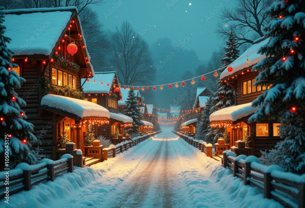 Obraz premium Cozy winter wonderland village illuminated by festive red lanterns