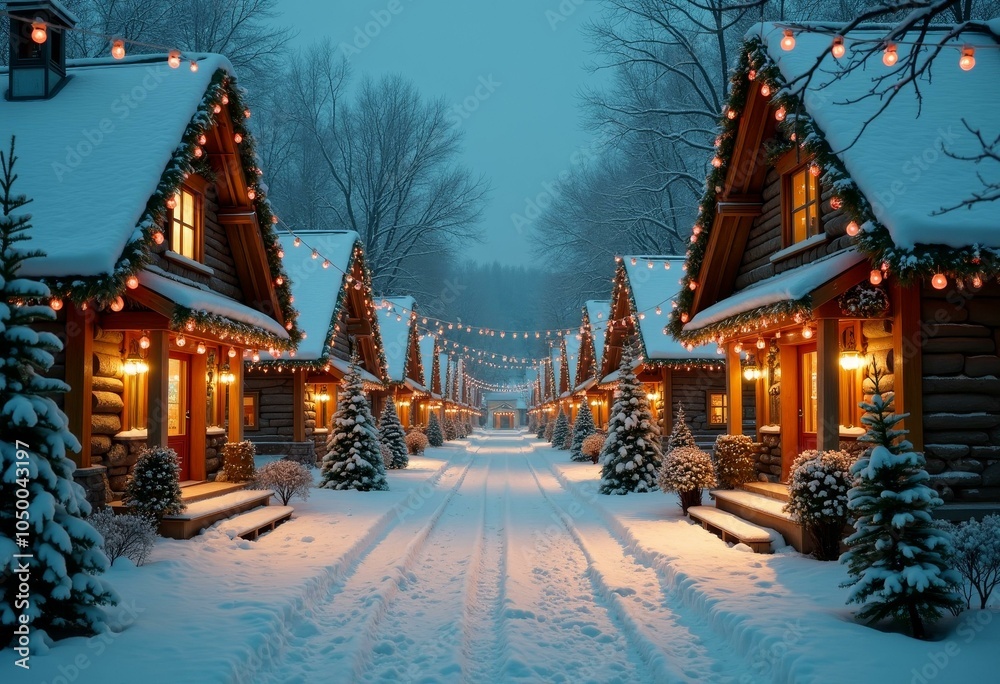 Fototapeta premium Cozy winter village at dusk with festive lights and snow-covered cabins