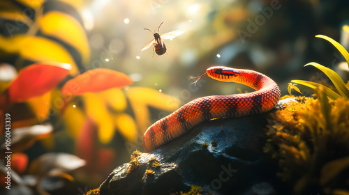 A Serene Encounter: The Coral Snake Basking in the Sun Among Vibrant Flora photo