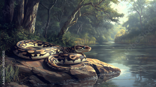 A Peaceful Scene of a Burmese Python Basking on Rocks by a Serene, Reflective Lake photo