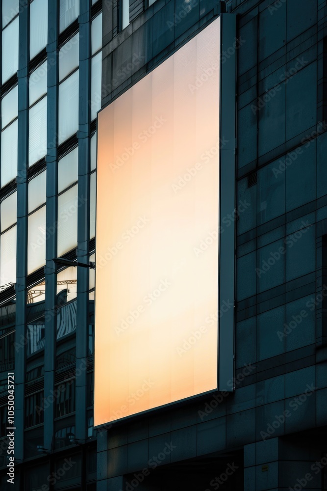 Large white sign is hanging on a building. The sign is empty and the building is tall Large white sign is hanging on a building. The sign is empty and the building is tall