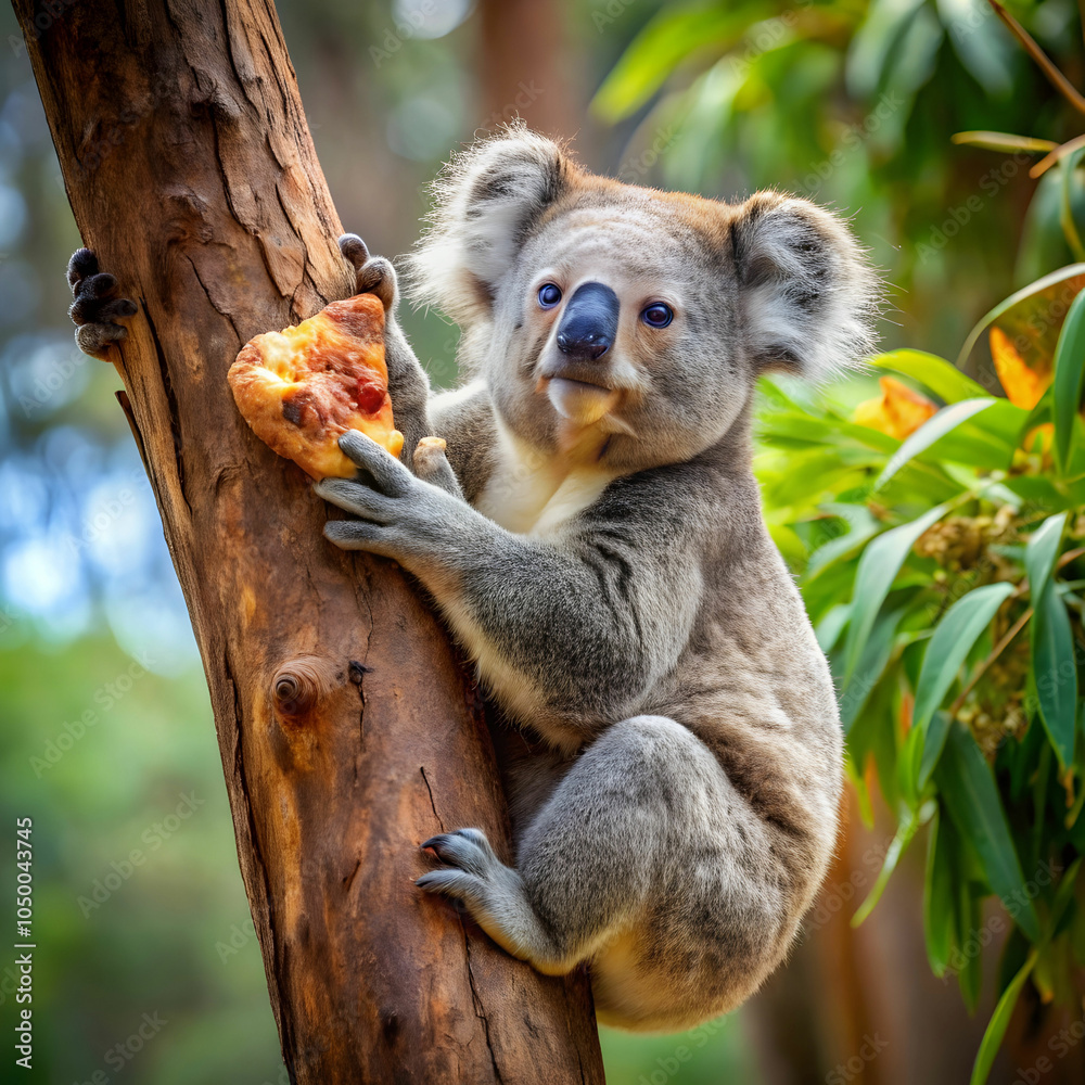 Fototapeta premium A comical koala finds itself stuck in a tree, hilariously attempting to eat a slice of pizza.