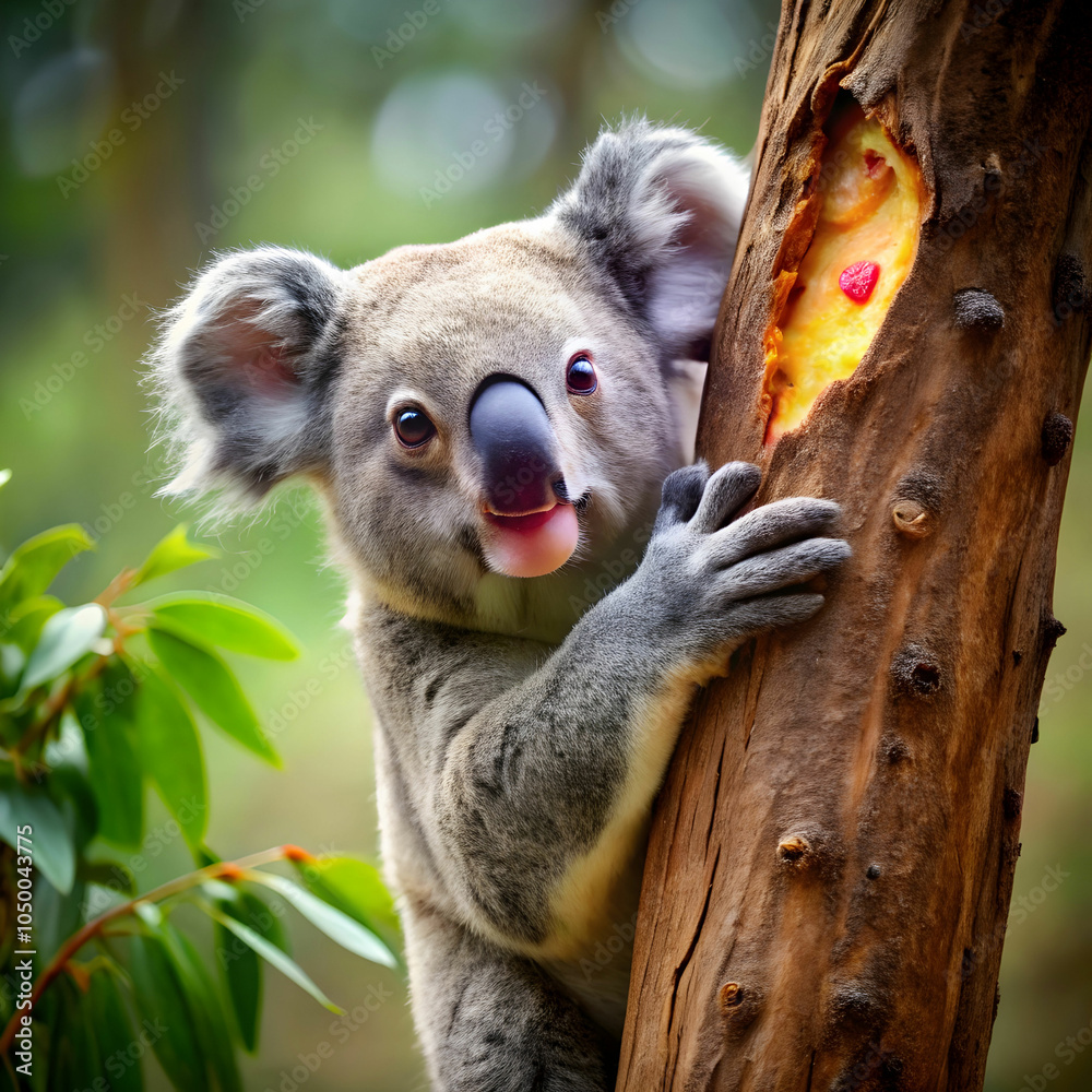 Fototapeta premium A comical koala finds itself stuck in a tree, hilariously attempting to eat a slice of pizza.