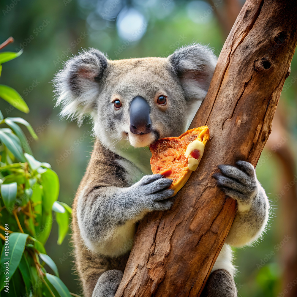 Obraz premium A comical koala finds itself stuck in a tree, hilariously attempting to eat a slice of pizza.