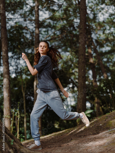 Energetic young woman running through a forest path, wearing casual athletic clothing and showing determination Nature and fitness concept