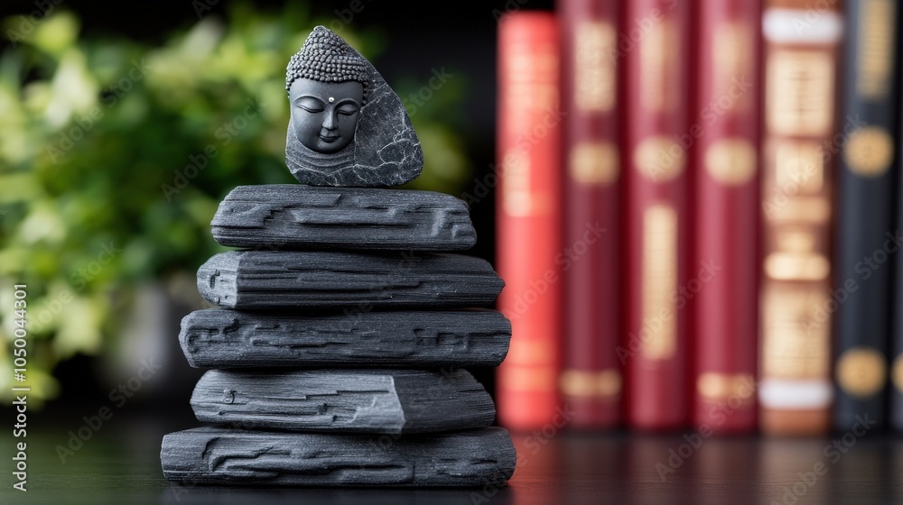 Fototapeta premium Buddha Statue on Stacked Stones with Books Background Zen Mindfulness Meditation Peac