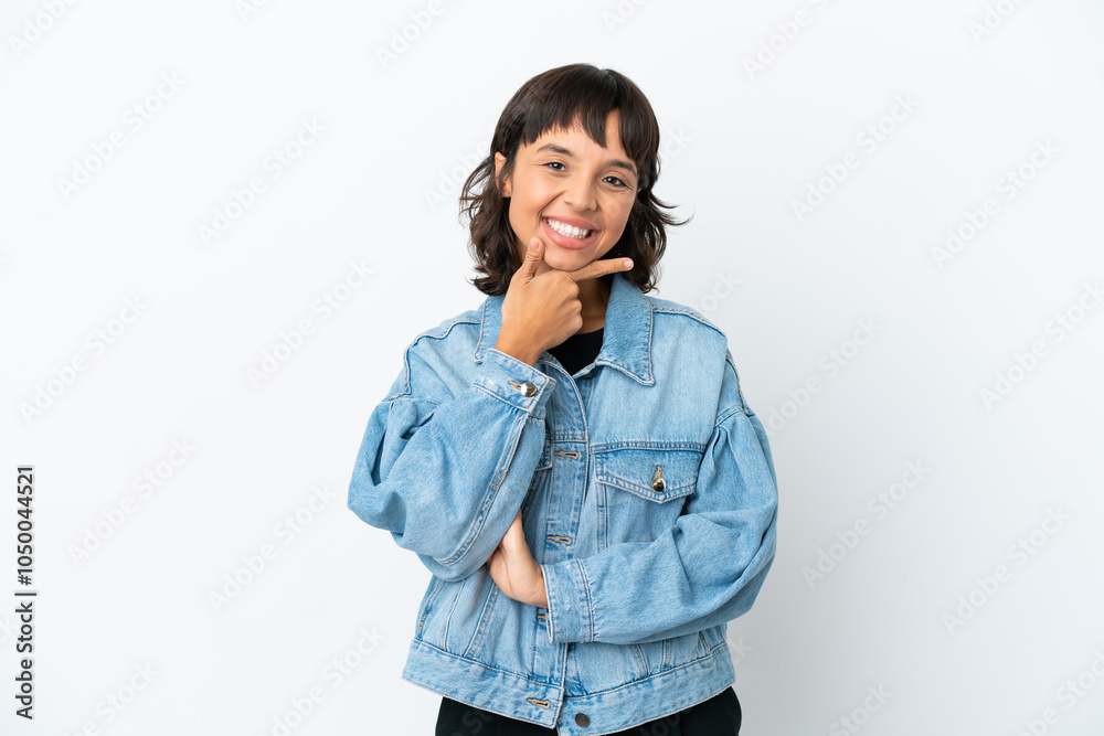Young mixed race woman isolated on white background happy and smiling Young mixed race woman isolated on white background happy and smiling