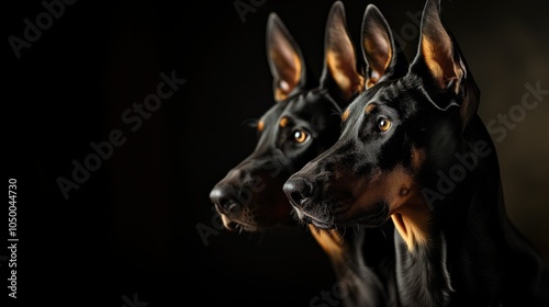 Two black doberman dogs on a black background