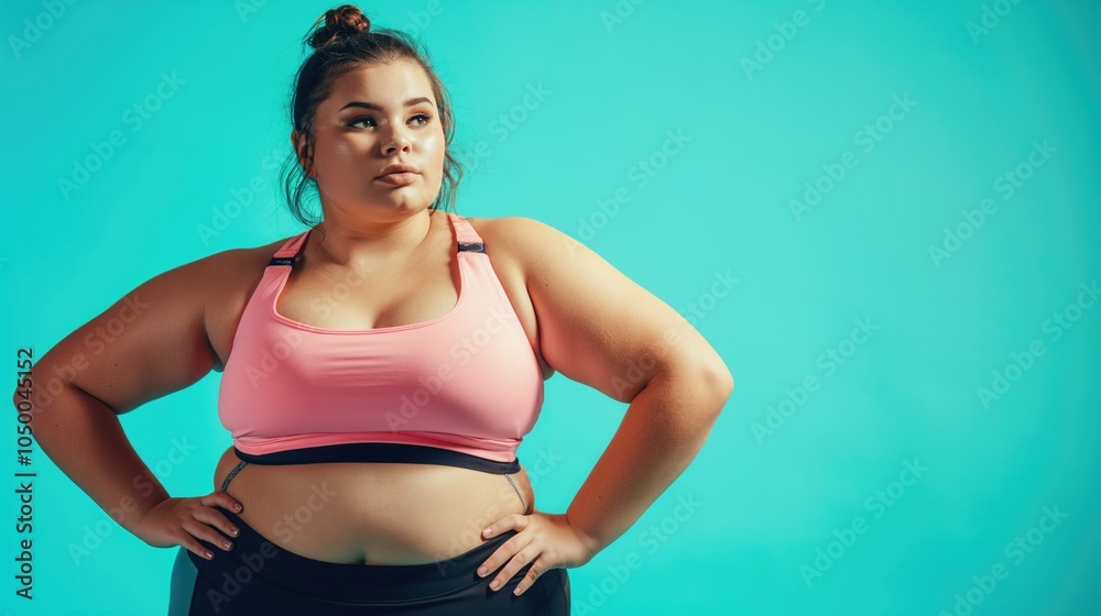 Fototapeta premium Overweight woman in pink sportswear over blue background