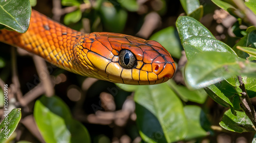 The Graceful Movement of a Boomslang Among the Tropical Greenery Under Sunlight photo