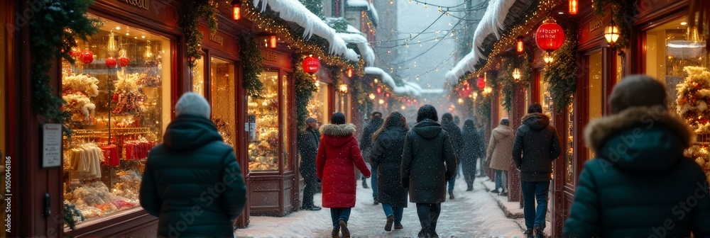 Obraz premium Winter wonderland street with festive decorations and shoppers