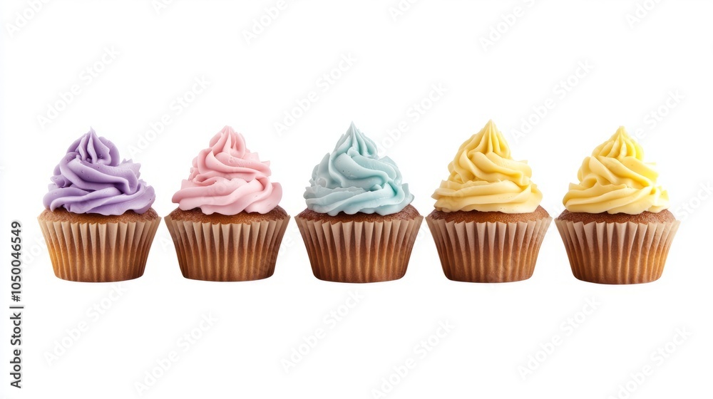 Colorful Cupcakes with Swirled Frosting on a White Background Colorful Cupcakes with Swirled Frosting on a White Background