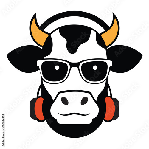 Retro Headphones Cow Vector.