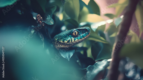 Examining the Unique Color Patterns of a Boomslang in Its Natural Rainforest Habitat photo