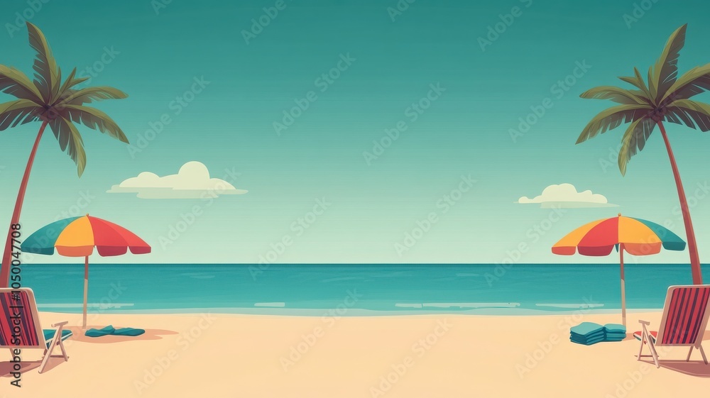 Fototapeta premium A serene beach scene featuring palm trees, colorful umbrellas, and calm ocean waters under a clear blue sky.