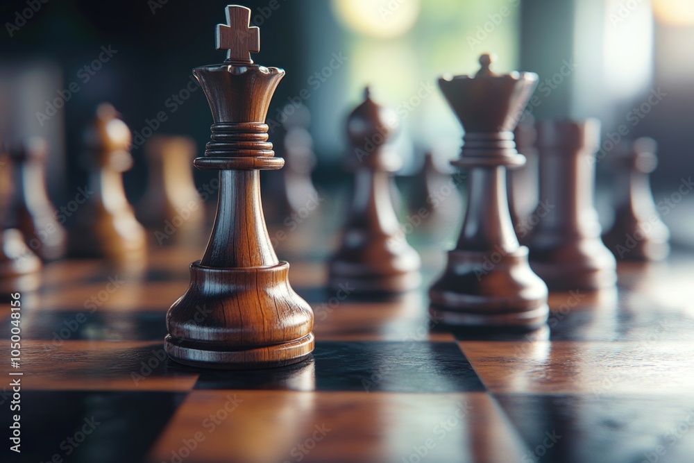 Wooden chess piece is on a checkered board. The piece is a king