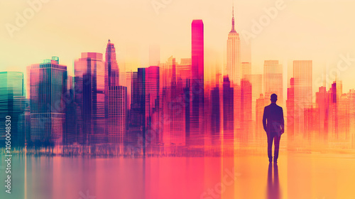 Man Standing in Front of City Skyline, cityscape, urban, metropolis, buildings, skyscrapers