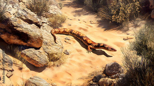 Captivating Movement of the Inland Taipan Over Sandy Terrain Surrounded by Shrubs photo