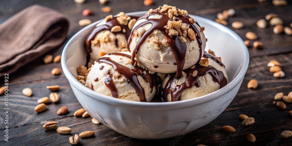 A bowl of vanilla ice cream topped with chocolate sauce and chopped nuts, surrounded by scattered nuts on a rustic wooden surface. A bowl of vanilla ice cream topped with chocolate sauce and chopped nuts, surrounded by scattered nuts on a rustic wooden surface.