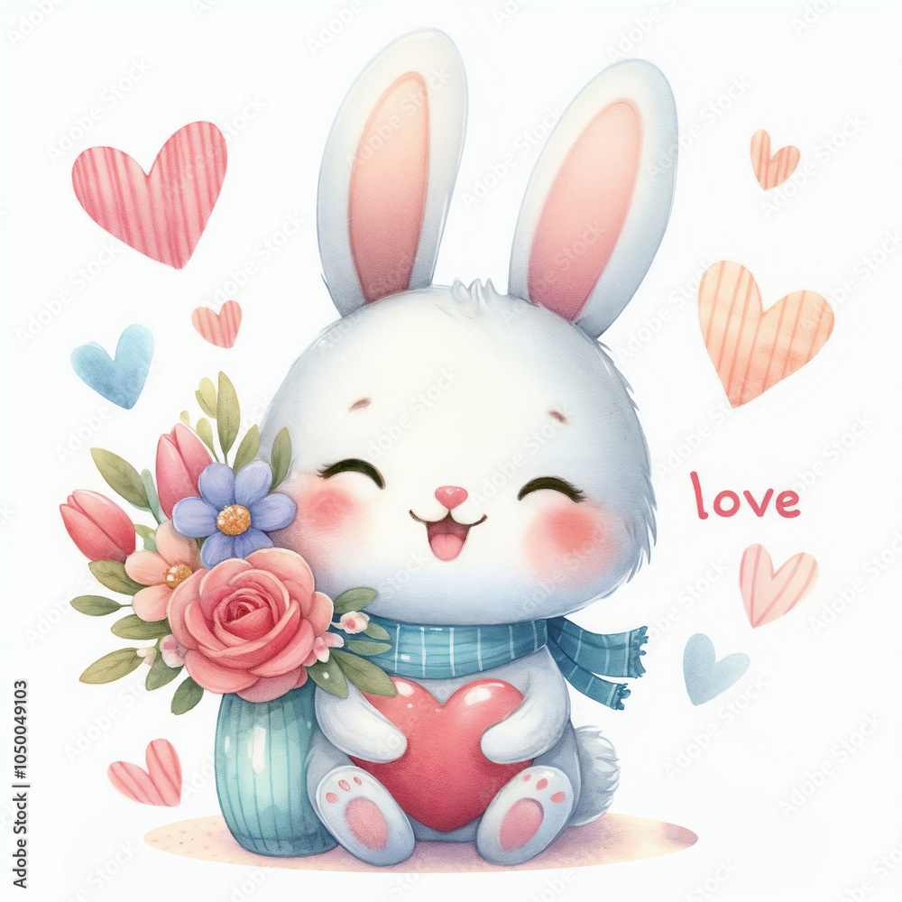 Cute cartoon bunny with heart on white background. AI Cute cartoon bunny with heart on white background. AI